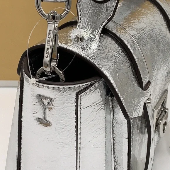 MICHAEL KORS MANHATTAN MEDIUM TOP HANDLE SCHOOL SATCHEL CROSSBODY BAG SILVER - Picture 5 of 16